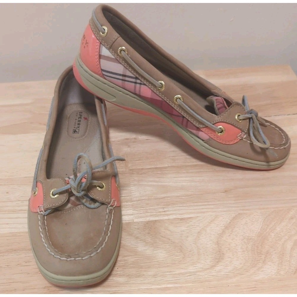 Sperry Topsider Angelfish Boat Shoes Women's 8.5 M Pink Plaid Tan Leather Preppy